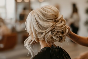 Elegant blonde hair styled in a loose, textured updo at a modern hair salon