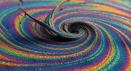 A close-up view of a colorful swirling vortex of sand with a dark object at its center.