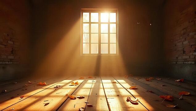 Sunbeams stream through large window of old brick building interior, dust motes float in autumnal light, fallen leaves cover floor, grunge texture with golden hour glow - calm, serene, warm, peaceful