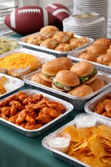 Authentic Tailgate Party Food Spread with Burgers Wings and Chips Premium Stadium Catering for Millennial Social Sharing and Marketing Campaigns