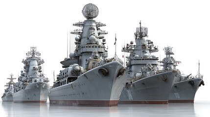 Several Gray Battleships with Advanced Radar Systems and Armament on White Background Reflecting on Water