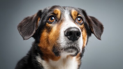 A close-up portrait of a tricolor dog with expressive brown eyes looking attentively against a neutral background