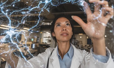 Professional Female Scientist Analyzing Neural Signals on Holographic Display in Modern Lab Premium Tech Research Content for Inspiring Social Media Campaigns