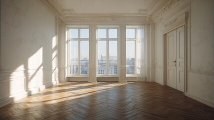 Bright Empty Room with Sunlight Streaming Through Windows in an Elegant Home