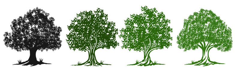 A vector-style oak tree logo featuring a bold silhouette with dense foliage. The design symbolizes strength, growth, stability, and the resilience of nature. Perfect for brands related to environment,