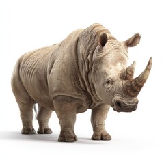 Obraz premium A large rhinoceros stands facing forward on a white background, showcasing its thick skin and prominent horn