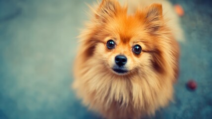 Obraz premium A fluffy Pomeranian dog with a reddish-brown coat looks up with big, expressive eyes, standing on a blurred outdoor surface