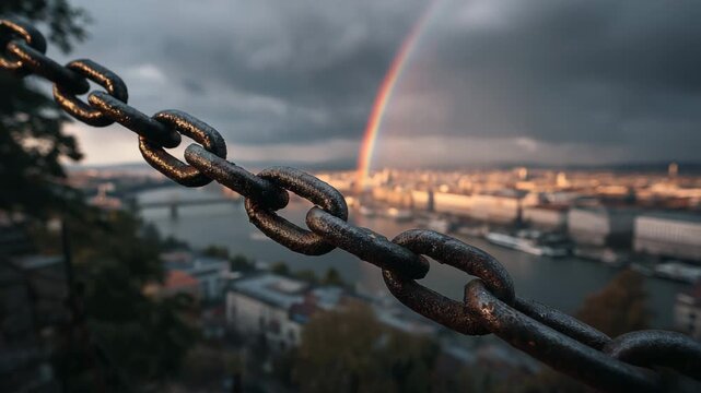 A chain is hanging from a bridge and a rainbow is visible. Rainbow colored light breaking through chains with faint Budapest pride skyline overlay, conceptual freedom symbolic dark muted