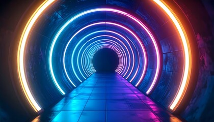 Neon tunnel with futuristic vibe:  A mesmerizing futuristic tunnel bathed in vibrant neon lights, with a symmetrical and visually arresting design,  creates a sense of depth and inviting exploration.