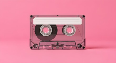 Obraz premium Cassette tape on a pink background, vintage audio technology, retro music listening device.