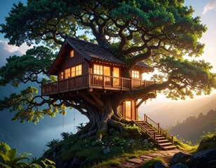Obraz premium wooden house on a big tree