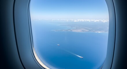 Naklejka premium View from an airplane window showing a blue ocean, land in the distance, and a boat leaving a white trail.