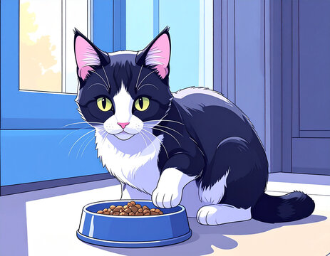 エサを食べる猫 家 イラストテイスト-cat / eat food / house / home / illustration / Generated image-