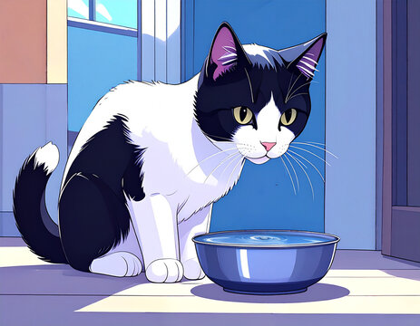 水を飲む猫 家 イラストテイスト-cat / drink water / house / home / illustration / Generated image-
