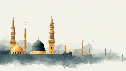 A stylized watercolor painting depicts a prominent Islamic mosque complex, featuring golden domes and minarets against a hazy, mountainous backdrop.  Birds fly in the distance
