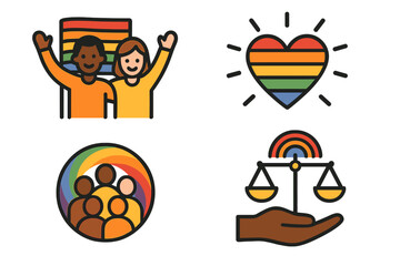 Pride month icons collection. LGBTQIA+ concept. Gay pride parade. Interracial couple with rainbow flag, love heart, diverse community, justice scales. Human rights, equality.