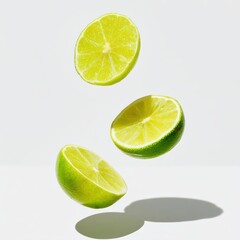 Three lime halves are suspended in mid-air against a bright, minimal background, casting distinct shadows below