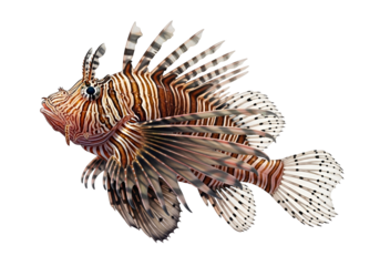 Close-up of a lionfish, showcasing its intricate striped and spotted patterns against a stark black backdrop.