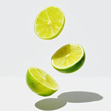 Three lime halves are suspended in mid-air against a bright, minimal background, casting distinct shadows below