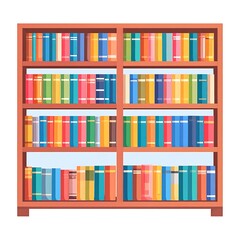 Vibrant Colorful Bookshelf: A Flat-Lay Illustration of a Wooden Bookcase Filled with Diversely Colored Books