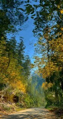 Fototapeta premium A sunlit autumnal road winds through a vibrant forest, its foliage reflecting in a still water surface, creating a surreal, dreamlike effect with a clear blue sky visible above