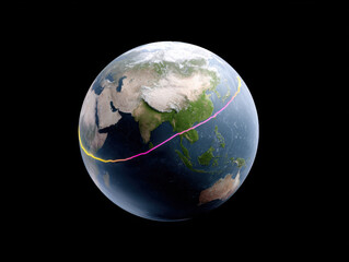 Fototapeta premium Satellite view of Earth showing Asia and Australia with colorful curved lines representing flight or travel paths across globe