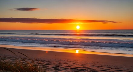 Naklejka premium Sunrise Beach Ocean Waves Golden Hour.