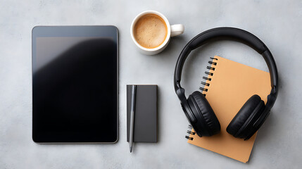 Relaxing Workspace With Tablet, Coffee, Headphones, and Notebook on a Gray Surface