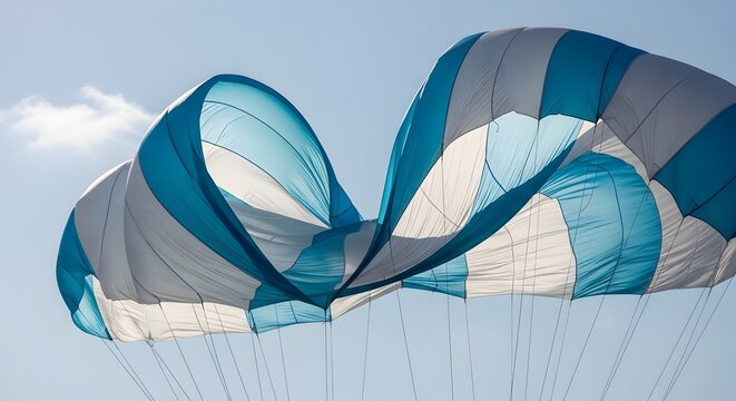 Close-up shot of a blue and white parachute against a clear, bright sky.