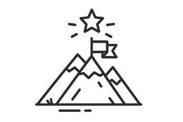 Mountain with flag on top and star. Goal achievement, success, victory symbol. Mission accomplished, leadership, peak performance concept. Business strategy, line vector icon.
