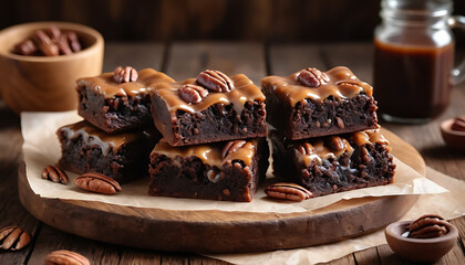 Stack of caramel pecan brownies on a wooden board with a jar of sauce and a bowl of pecans in the background.