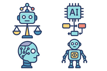 AI icon set. Artificial intelligence concepts. Machine learning, robot ethics, law balance, algorithm flowchart, neural network head, automation technology vector collection.