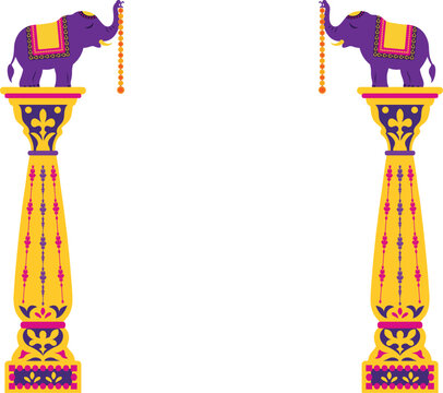 Illustration of Indian Ornate Decorative Pillar For Diwali Festival Background Decoration With Elephant and Garland