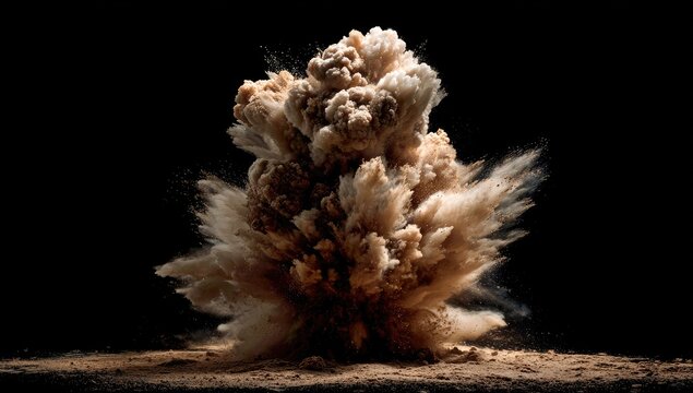 A tan-colored powder explosion against a black background, captured mid-burst, showing a complex, dynamic plume with varying densities and textures of particles