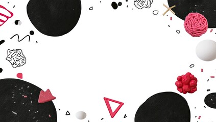 Abstract, playful composition with black and red shapes on white background