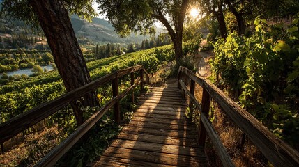 Wooden Walkway Through Sunlit Vineyard Rows on a Hillside