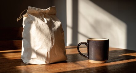 White Coffee Bag and Mug on Wooden Table in Sunny Interior variation 4. High quality