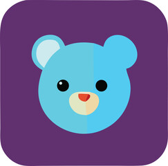 Adorable blue cartoon bear face with cute smile and round ears on a purple square background for kids and digital art