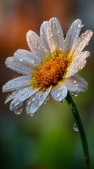 Extreme close-up macro photograph of a chamomile daisy after early morning dew