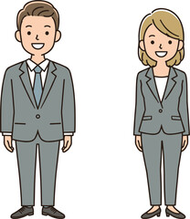 Business professionals illustration, corporate attire, workplace diversity, smiling characters, professional pose, cartoon style, office team, gender representation, career theme