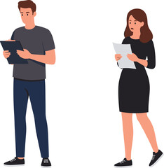 Man and woman reviewing documents, clipboard writing, paper reading, office activity, business focus, professional routine, workplace task, pen in hand