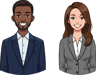 Professional business characters, cartoon style, corporate attire, smiling pose, workplace diversity, office illustration, career theme, team concept, presentation-ready
