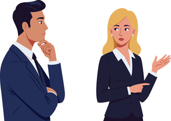 Professional business interaction, corporate attire, office discussion, team communication, leadership gesture, thoughtful pose, workplace collaboration, executive meeting, strategy talk