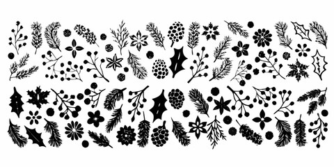 Collection of hand drawn black silhouette winter botanical elements and christmas decorations on white background