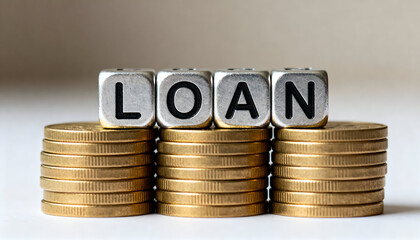 Metallic cubes with engraved letters spelling LOAN over shiny gold coins