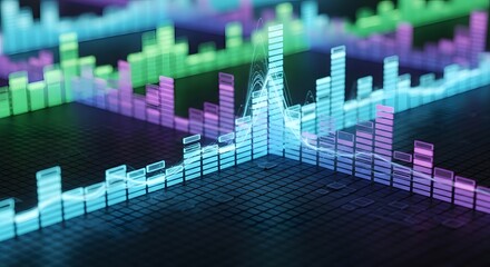 Dynamic digital audio equalizer bars displaying sound frequencies with vibrant colors and abstract waveforms on a dark textured background.