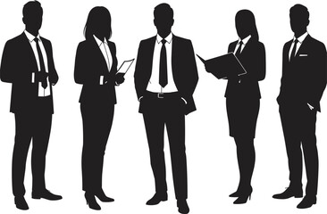 Business professionals silhouette illustration, corporate team standing in formal attire, office presentation concept, leadership and teamwork, professional posture, workplace identity, career success