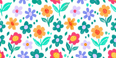 Vibrant hand drawn floral pattern with colorful flowers and leaves on white background