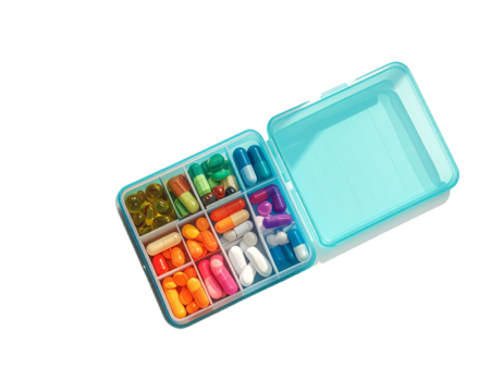 Weekly Pill Organizer with Medications and Healthy Lifestyle Props
