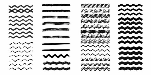 Collection of hand drawn black and white brush stroke lines and wavy patterns